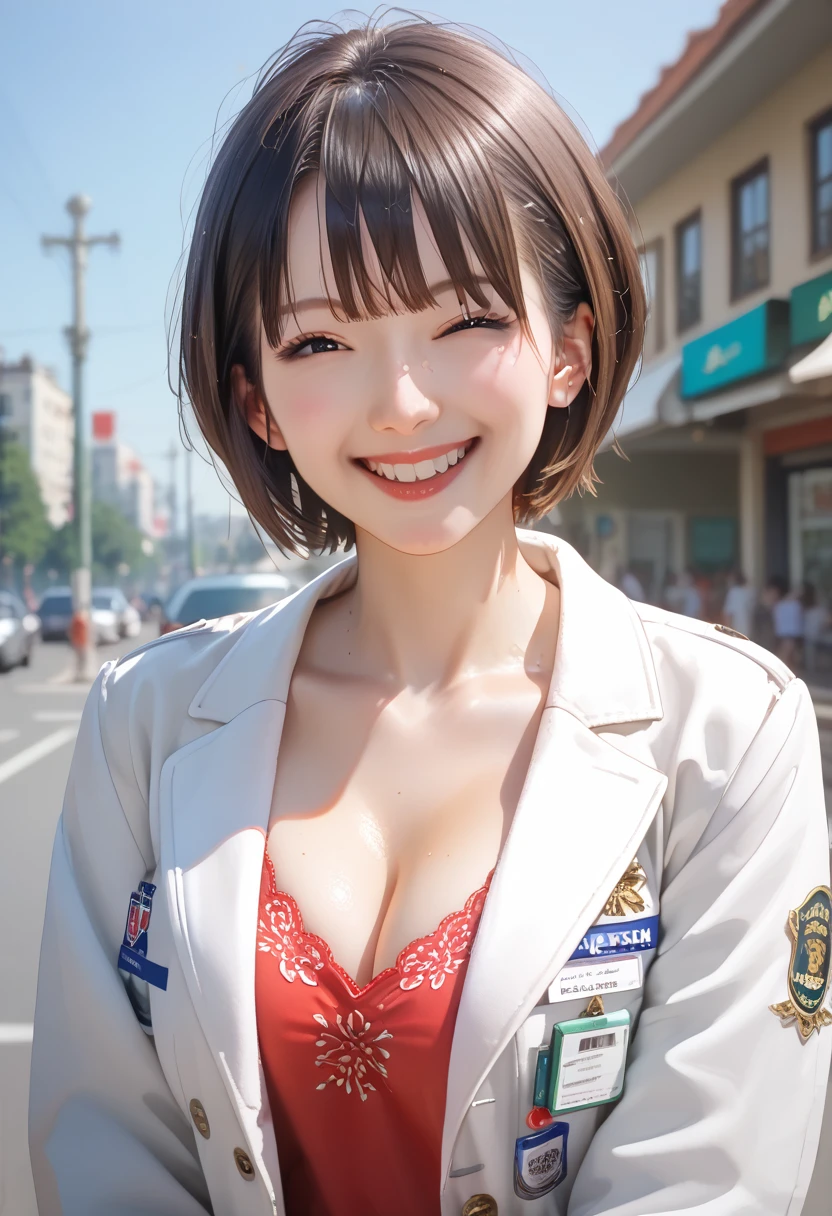((Highest quality)), ((masterpiece)), (detailed:1.4), Ray Tracing,NVIDIA,Super Resolution,Unreal 5,Scattered beneath the surface,PBR Texturing,Post-processing,Anisotropic Filtering,Depth of written boundary,Maximum clarity and sharpness,Female Pharmacist, (Look straight at me:1.3), (Polite service without tilting your head:1.2), (White Cheeks:1.3), (A white coat that hides the lines of the body:1.3), (No body line:1.3), (Super Short Hair:1.3), (A happy smile:1.2), Cowboy Shot,
