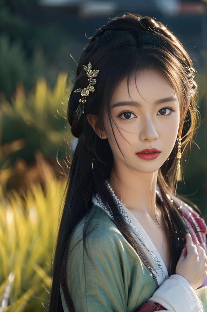 Best quality at best,tmasterpiece,超A high resolution,(photo-realistic:1.4),8k, RAW photogr, A high resolution, (((1girll, half-body portrait))), solo, Ancient Chinese Hanfu, Beautiful pattern, embroidered clothing, beautiful eyes in detail, long eyelasher, RAW photogr, face to the viewer, Close-up Shot Shot, ((( Landscape background))), The upper part of the body, ssmile, Beautiful hairstyle, hair adornments, Beads, jewelry, ((No action))