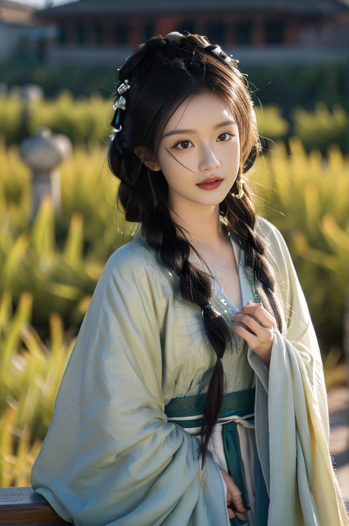 Best quality at best,tmasterpiece,超A high resolution,(photo-realistic:1.4),8k, RAW photogr, A high resolution, (((1girll, half-body portrait))), solo, Ancient Chinese Hanfu, Beautiful pattern, embroidered clothing, beautiful eyes in detail, long eyelasher, RAW photogr, face to the viewer, Close-up Shot Shot, ((( Landscape background))), The upper part of the body, ssmile, Beautiful hairstyle, hair adornments, Beads, jewelry, ((No action))