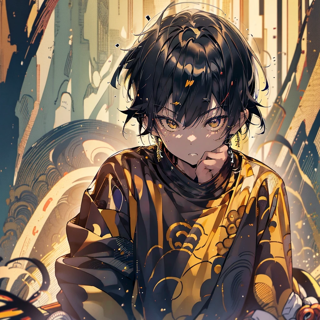 boy only one, Estilo Genshin Impact, medium black hair,(swirl style)Focus on your upper body.. He wears a black sweatshirt with yellow stripes..,, black shorts, sullen look,He is sitting in the living room