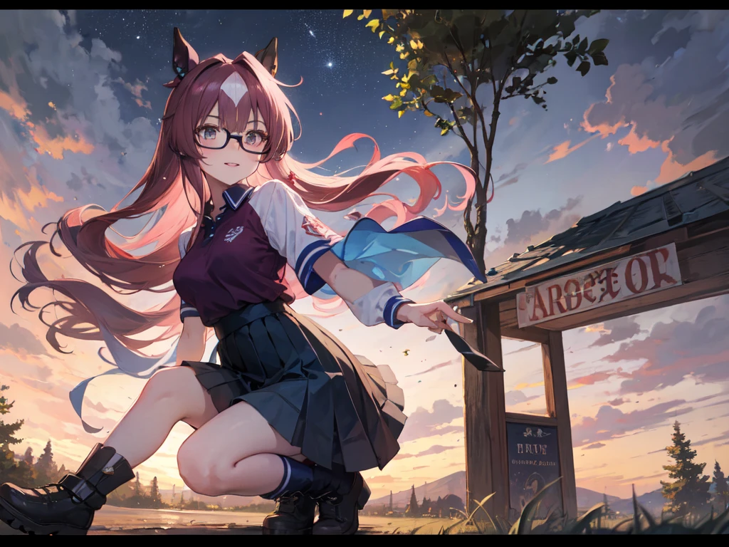 Masterpiece, high quality, 4K, HDR。Moon and starry sky。Chest centered。Crouching、Place your hands on your chest and waist。Cool beautiful breasts mature woman、smile。Brown Eyes、Tree Eyes、Pink Lipstick、Red Intelligent Glasses、Glamorous Body。Pink Hair、ponytail。Shoulder less、Black polo shirt、mini skirt、Wearing spats、sports boots。