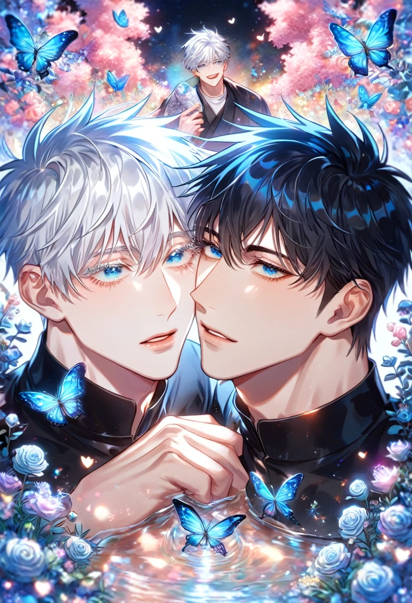 absurdres, highres, ultra detailed, HDR) master piece, best quality, extremely detailed, detailed eyes, detailed face, delicated features, Kang Woojin, black hair, messy hair, expressive red blue eyes, Love Jinx, Gojou Satoru, white hair, expressive blue eyes, white eyelashes, two sexy men together, yaoi, gay couple, in love, handsome, jujutsu black uniform, fantasy, magical, glittering, water, blue flames, blue moon, blue flowers, blue butterflies, garden, Jujutsu Kaisen