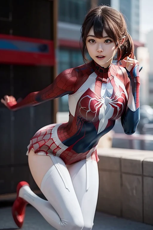 Spider-Gwen or Spider-Woman、She wears a sleek red and blue bodysuit with a web pattern。, red and blue skirt, Spider logo on chest. She is agile, Jump preparation pose, Stretch out one hand、Like trying to blow away the spider web