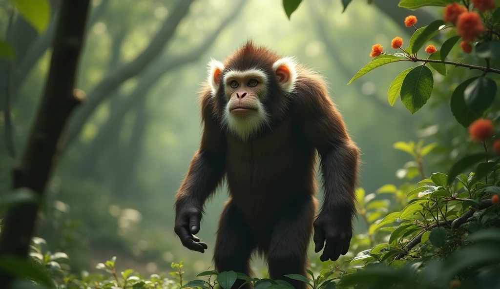 Facing the Panorama,There is a wild beast in the osmanthus forest,Looks like a brown monkey but has white ears,Standing upright like a human(best quality,4K,8k,High level,masterpiece:1.2),Ultra Detailed,(lifelike,Photo real,Photo real:1.37)