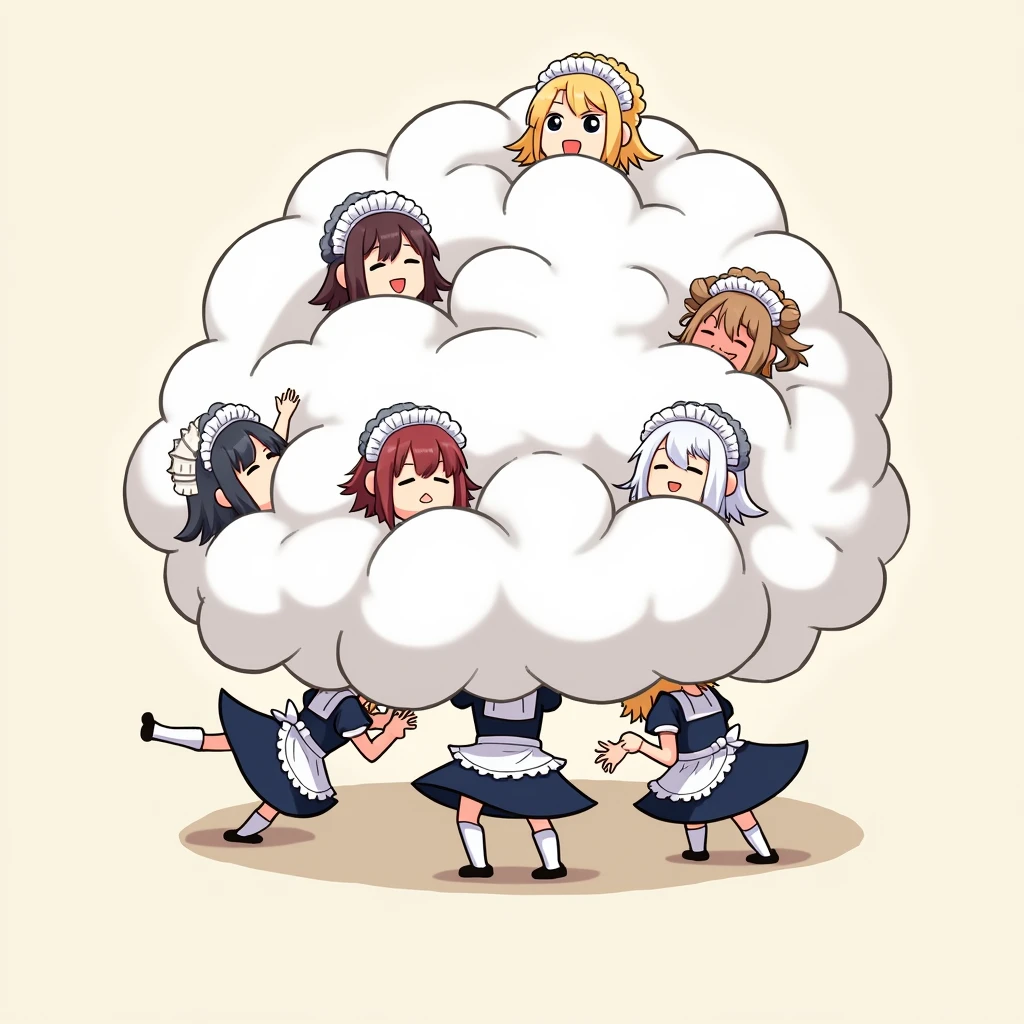 An anime-style illustration depicting hundreds
of maids playfully wrestling with each other,
each maid has different colored hair.
their faces,hands,and feet are visible emerging from the cloud as they tussle humorously, with the rest of their bodies completely hidden inside the cloud.
the illustration emphasizes the humorous and energetic nature of their scuffle,with a fluffy and exaggerated fight cloud.