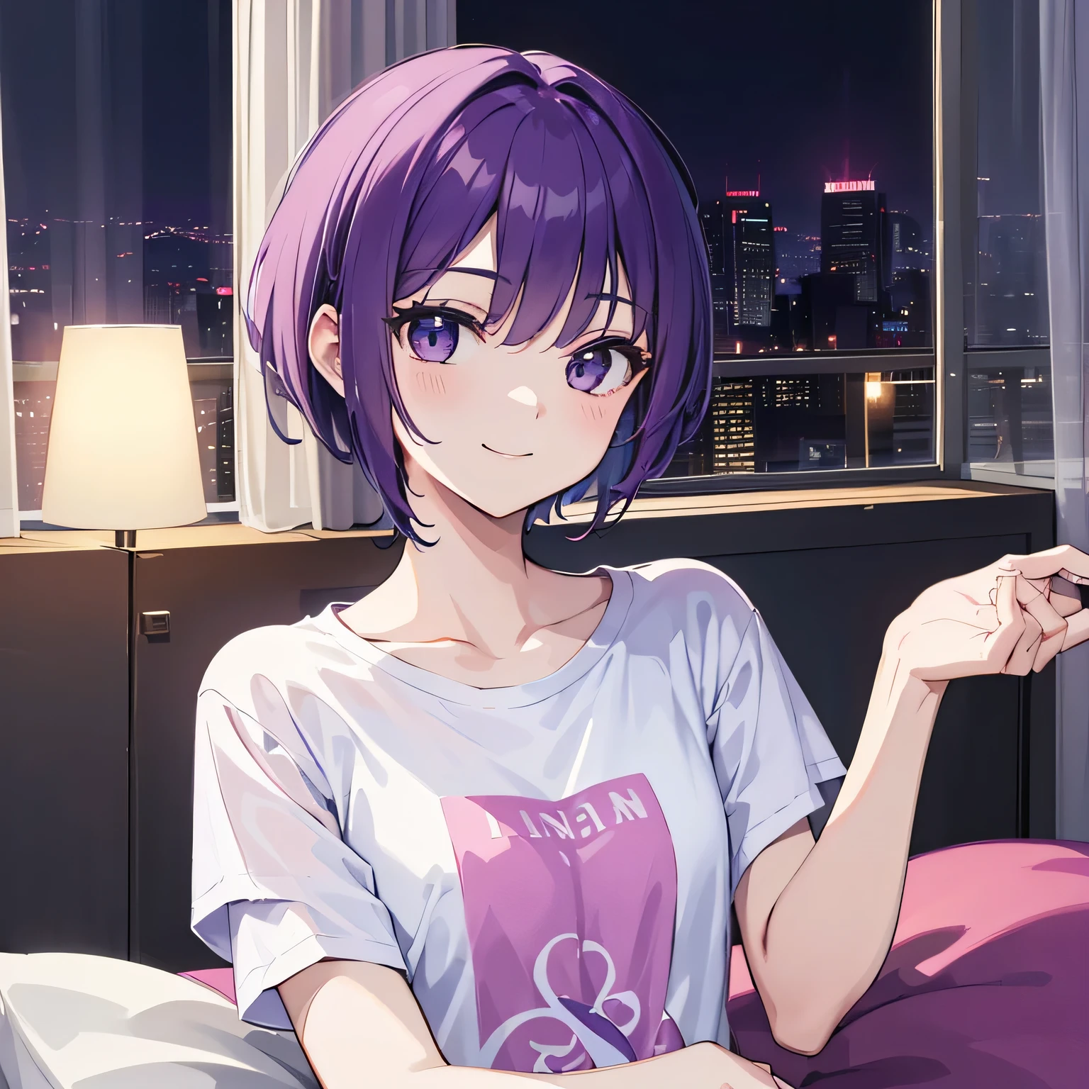 (T Masterpiece,4K wallpaper,Best Quality))、((1people))、(solo)、Bright and Brilliant,(Purple Hair)、(short hair:1.3)、smile、Bedroom、T-Shirts、night