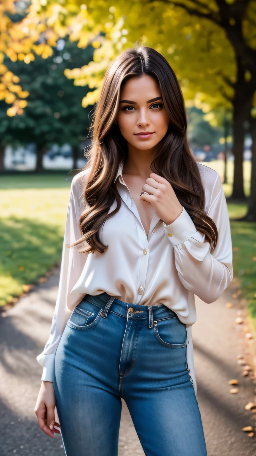 Realistic full body photo of a smiling, Young brunette woman with long hair, She dances in front of the camera in a long, purple silk shirt and ??????????? jeans..., Park,glamour fotoshooting, Park, perfect ???????, perfect brown eyes. Perfect hands with 5 fingers on each hand, Matching girl, looking at the camera, 1 Frau. (Eye make up:1.1), (highly detailed skin:1.1), spirit, analog style, keen focus, 8K  UHD, dslr, good quality, Fujifilm XT3, Grain, Award-winning, ​masterpiece. Park