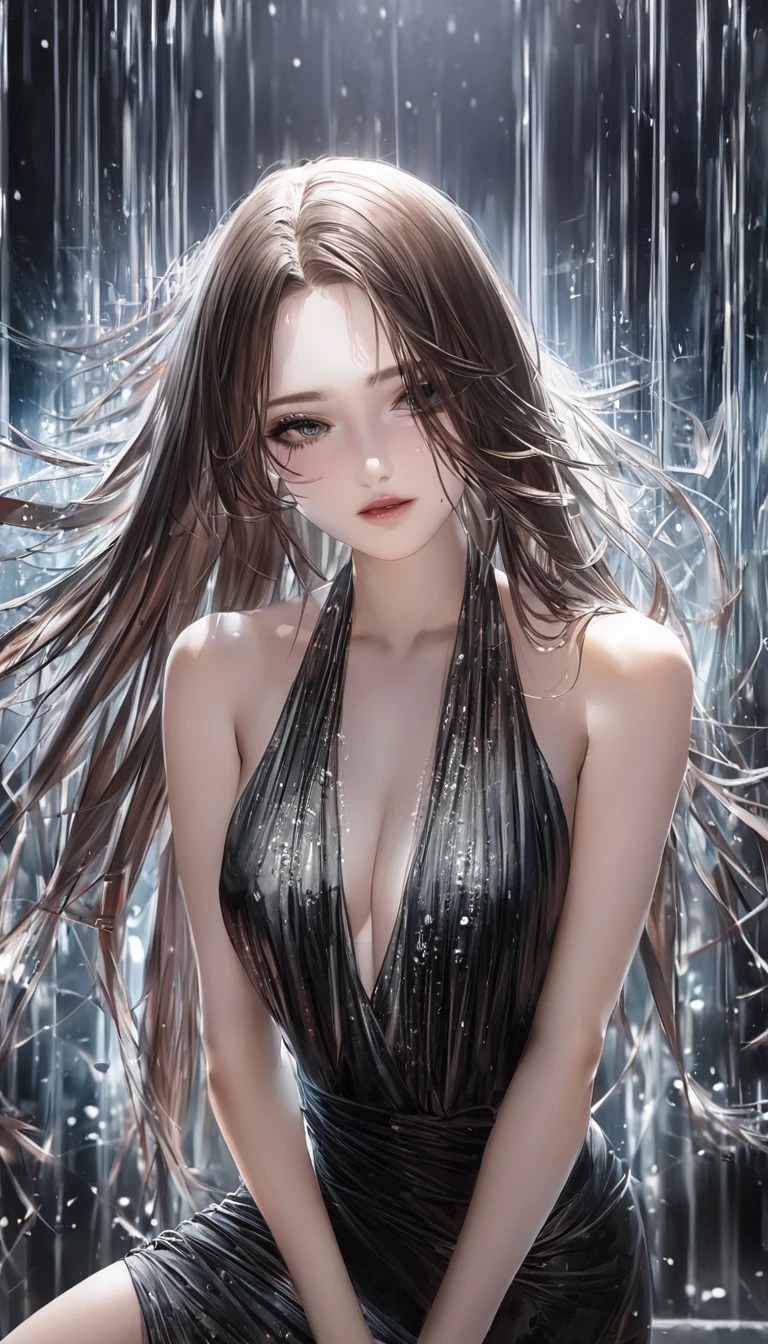 cool beauty, (attractive and seductive) and (amorous and lewd) face, fleeting and sad expression, brown messy layered straight hair, forehead, make-up, black string dress, glamorous proportions, background dim bar, (ultra detailed, absolutely resolution, best quality:1.3), 2.5D, delicate and dynamic effects, lighting effects, artistic, hyper, graphic CG digital art, BREAK watery green eyes