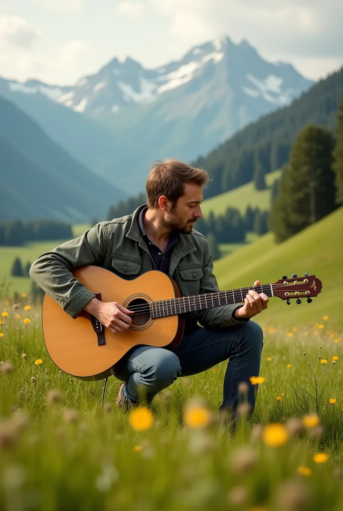 A man playing Guitar in Switzerland grassland in 16.9 ratio