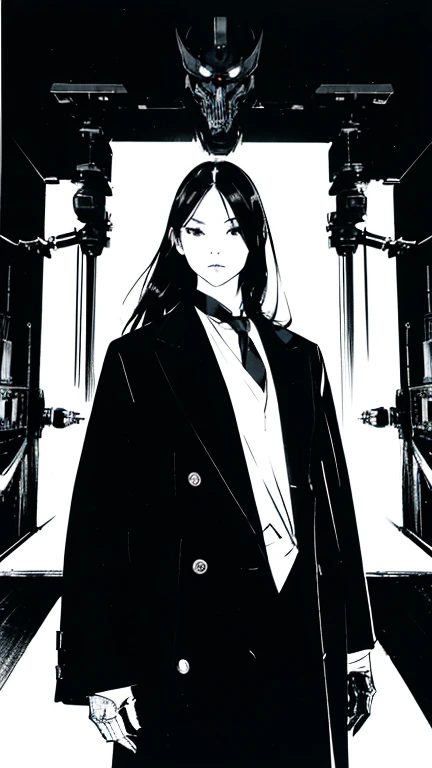 Black Hair、Cold look:1.5、Japanese woman in her 30s、Dark Background、One Cool Lady:1.5、night、whole photo、Dark Eyes、Black gloves、Ominous Machine Lifeform、Nihil、Half of his body is made of machinery、Mechanical Man:1.5、White shirt、black tie、lineart