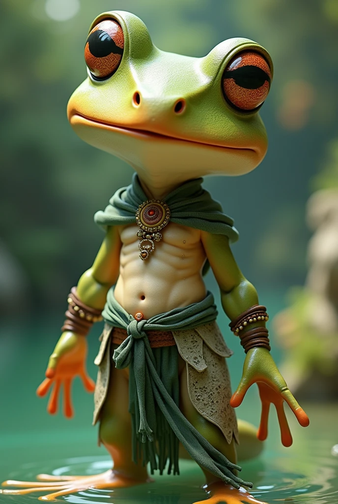 A 3D animation of a cute and tender frog with a large and majestic humanoid body that lives in a lake or in the water and has ears that does not look like a cat with a frog face and typical clothing from the Andean region of Colombia that is cute and young and also thin and that is a woman