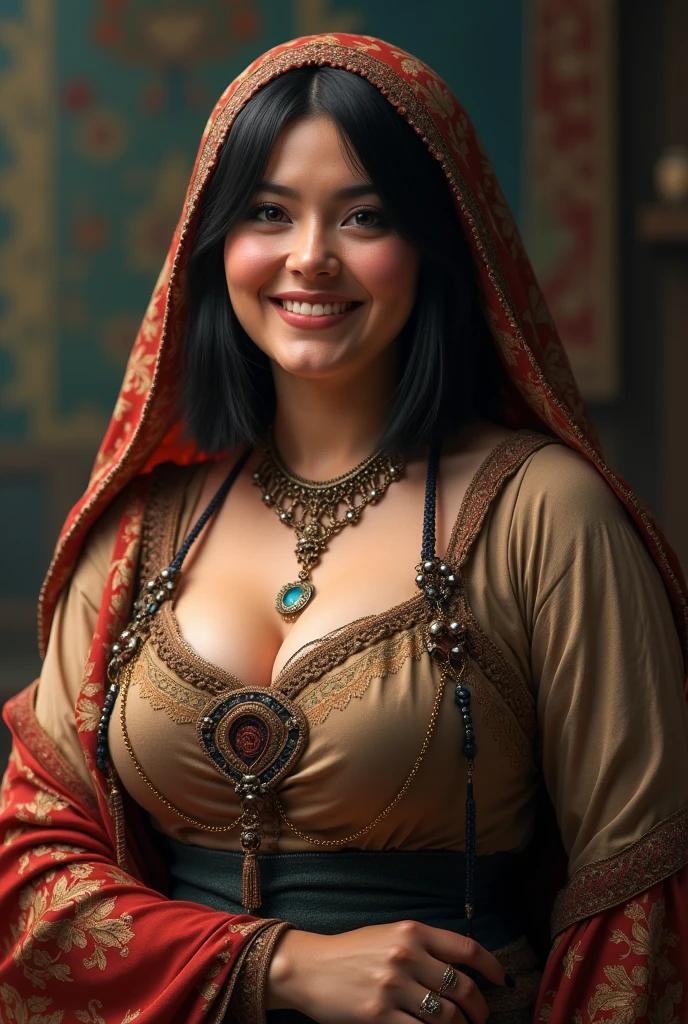 woman, shoulder-length straight black hair, medium bust, plump, cloth on her head, dressed as a card fortune teller, gypsy, dance pose, looking at the camera, photorealistic