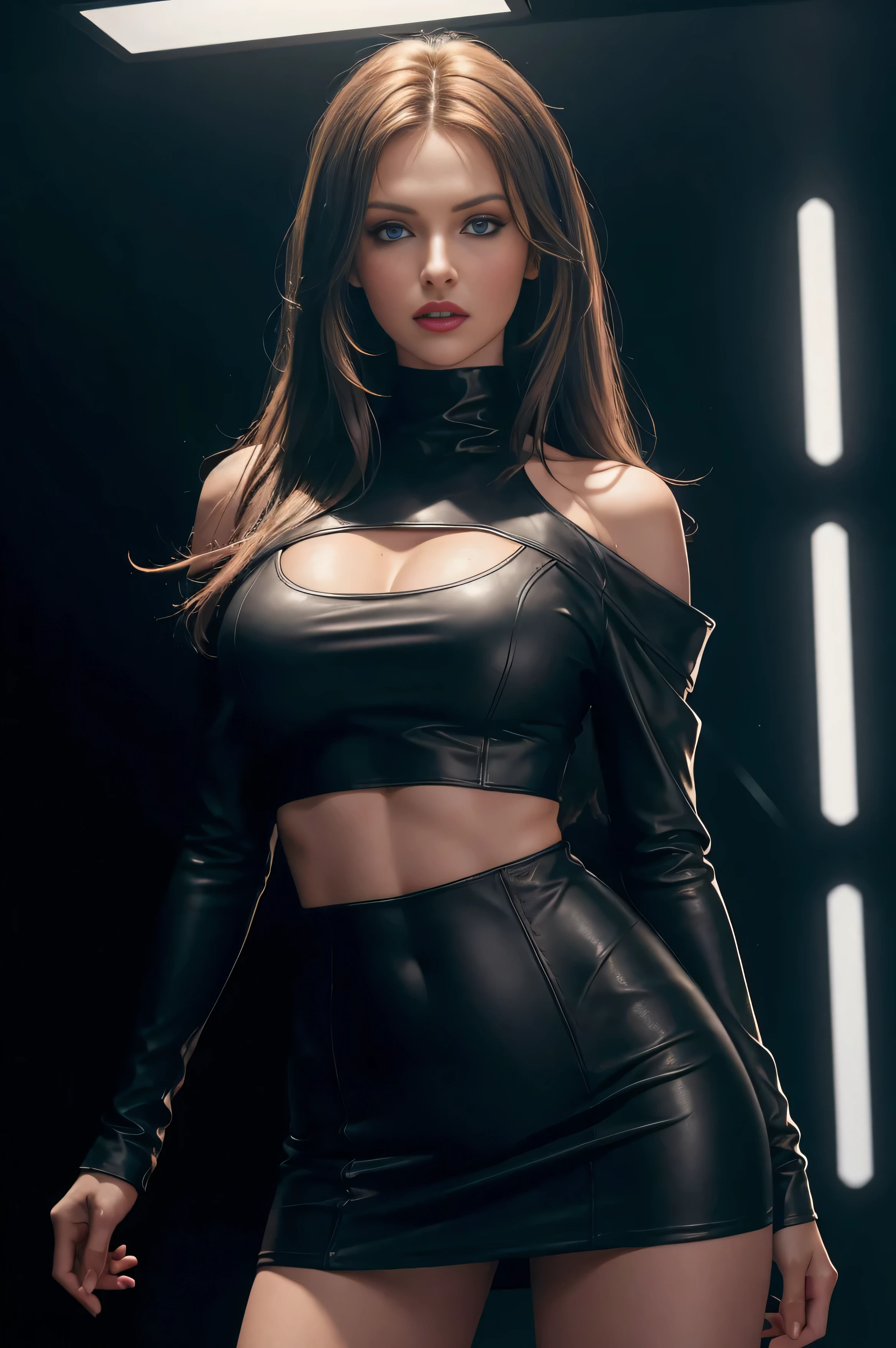 HDR photo of Caucasian woman at a solid dark gray background ultra-realistic digital photo dynamic pose in front of brightly lit colored led panel, long sleeve crop top, leather miniskirt, alluring, long brunette hair, long straight hair, blue eyes, red lips, big breasts, broad athletic shoulders, slim waist, long shapely legs High dynamic range, vivid, rich details, clear shadows and highlights, realistic, intense, enhanced contrast, highly detailed