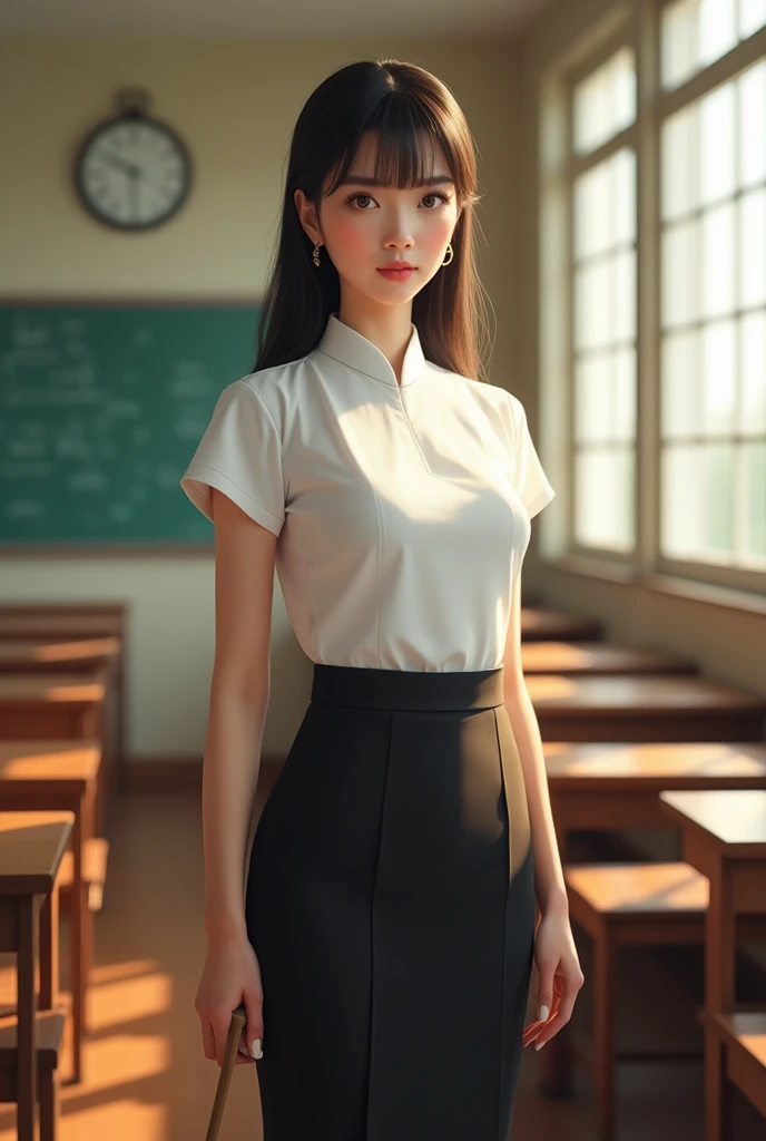 Beautiful Thai girl with smooth skin, black hair, dark brown eyes,wearing Thai teacher's outfit, white short-sleeved shirt, black short skirt, slim fit, holding a small wooden stick in her hand, standing and posing in the classroom, background is a classroom, student desks and chairs, the most realistic image.