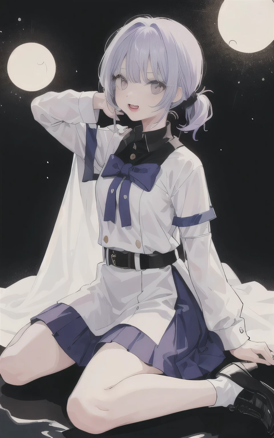 High resolution RAW color art((masterpiece:1.4, Highest quality))+, (Super detailed)+,(Super detailed eyes)+,Highest quality
(Neutral Child),(Dark and white odd eyes:1.15),Lavender hair, Bob hair,Low Ponytail,(wariza:1.2),Slightly tanned skin,Mouth closed,Serious,Watching the audience,shoot from front
(Neutral Childはuniformを着ている:1.5),(uniform:1.4),
(Laughter:1.3),
(Dawn Light:1.2),violet,