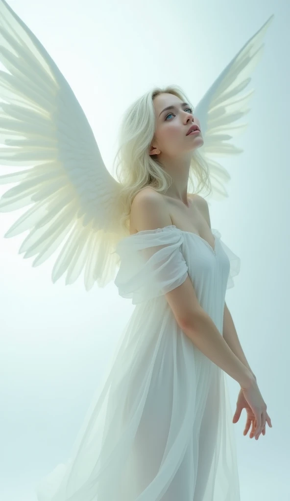 (((White Background:1.3)))、(((One albino woman、Cute Face、Cute Woman、Angelの羽、Angel))), ,(((The eyes are light blue:1.3)))、White Dress、((White shirt:1.3、White Block Dress)), Tyndall effect, Realistic, Shadow Studio,ultramarine、illumination, デュアルトーンillumination, (Skin with attention to detail: 1.2)、薄暗いillumination、暗いillumination、 photograph, High resolution, 4K, 8k, Background Blur,Beautiful fade out、White world、White Background