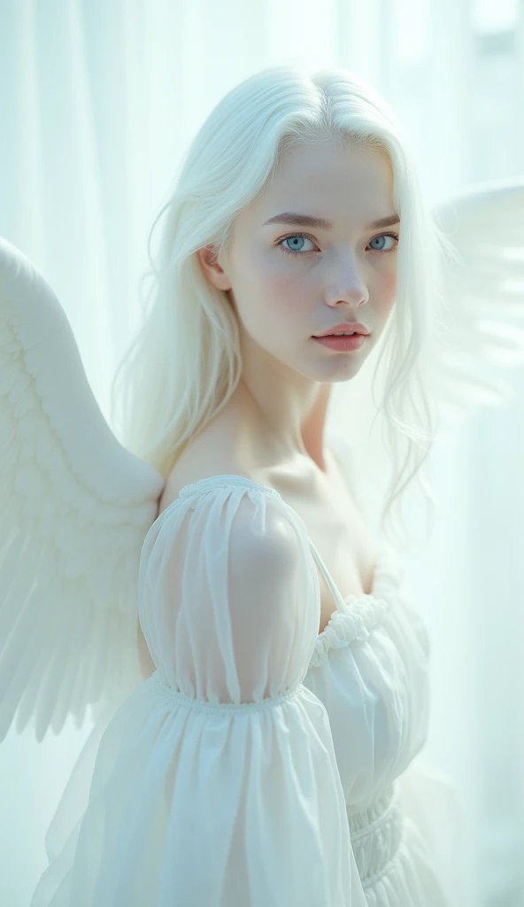 (((White Background:1.3)))、(((One albino woman、Cute Face、Cute Woman、Angelの羽、Angel))), ,(((The eyes are light blue:1.3)))、White Dress、((White shirt:1.3、White Block Dress)), Tyndall effect, Realistic, Shadow Studio,ultramarine、illumination, デュアルトーンillumination, (Skin with attention to detail: 1.2)、薄暗いillumination、暗いillumination、 photograph, High resolution, 4K, 8k, Background Blur,Beautiful fade out、White world、White Background