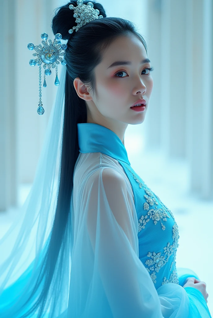 A luminous Chinese beauty (Dilraba Dilmurat) from ancient dynasties (221 BCE - 220 CE) stands majestically against a neutral background, her vibrant white-blue twotone attire radiating an otherworldly aura. David Lachapelle's lens captures the frozen moment of her polished body, Si-fi graphics luminescent attire, and captivating gaze meeting the camera with unflinching intensity. reflected light liquid metal fabric attire, 8K resolution reveals razor-sharp features, high-contrast details, and Traditional Chinese hairstyles, while a subtle sheen on her lips hints at the application of Traditional lipstick, spiritual cosmic to realistic, reflected light Glass hair pin