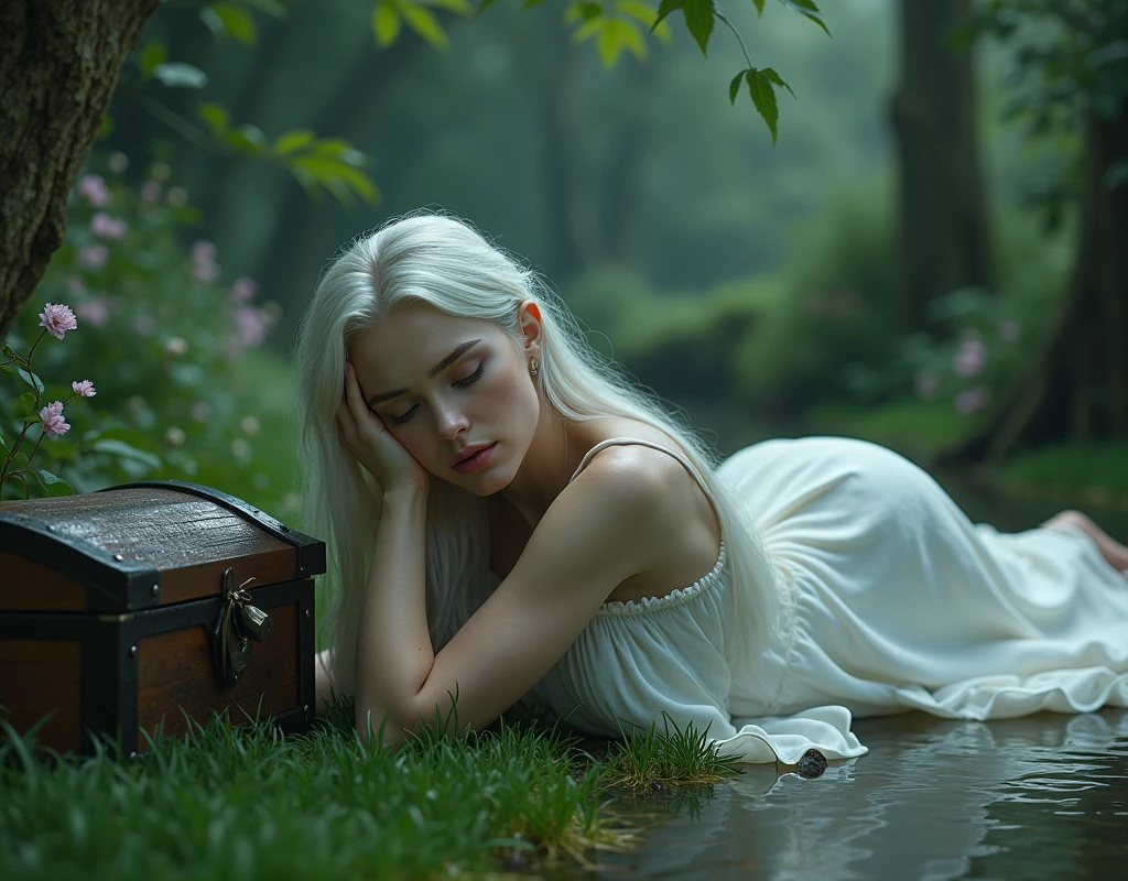 A woman with long white hair,she will wear a white cotton dress and wet,She will be lying on the grass of an enchanted garden and there will be a magical river near her..,I want a secret garden kind of vibe and'It's kind of sad,I want the climate closed like an air of sadness,I want a chest of secrets next to her,She will have her eyes closed and a tear coming out of one of her eyes.,I want her feet to show