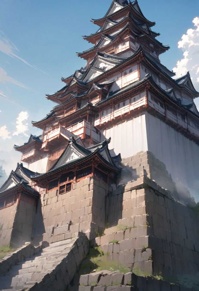 A majestic Japanese castle with towering walls and a grand keep, symbolizing power and authority, set against a clear blue sky."