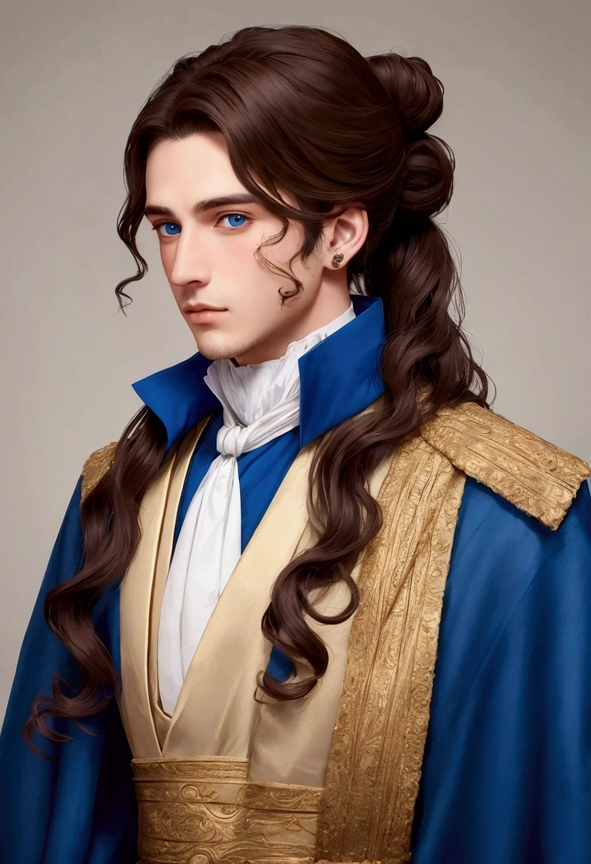 man with very messy brown hair, shorth hair, blue colored eyes, Square face, no facial expression dressed in 19th century noble clothing, full body