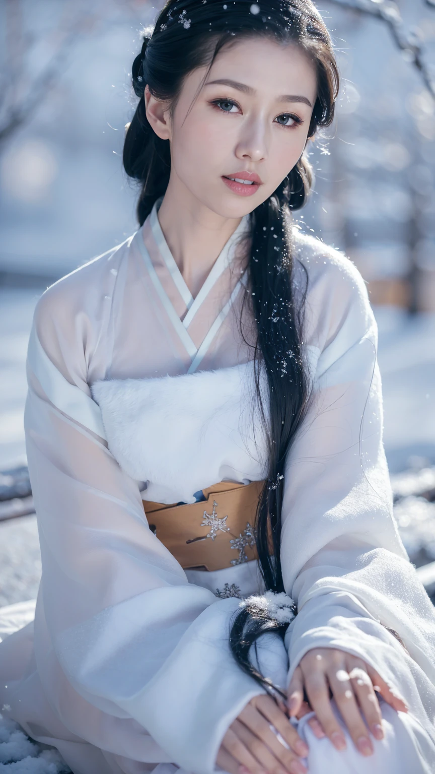 1 Fashion Model [[[[close up]]]], [[[[neck]]]], [[[[Shoulder]]]], (((Complete head)))，(((Complete hairstyle)))，Perfect eyes, Perfect Iris，Perfect lips，Perfect Teeth，Perfect skin，White skin，Soft headlights，High-density imaging，Black long hair，（Clean and delicate face），((Simple fur winter Hanfu))，((full-body shot))，((The background is a snowy scene))，((winter))，((Various dynamic poses))，((The background is a snowy scene))，best quality，masterpiece，（Soft colors：1.2）
