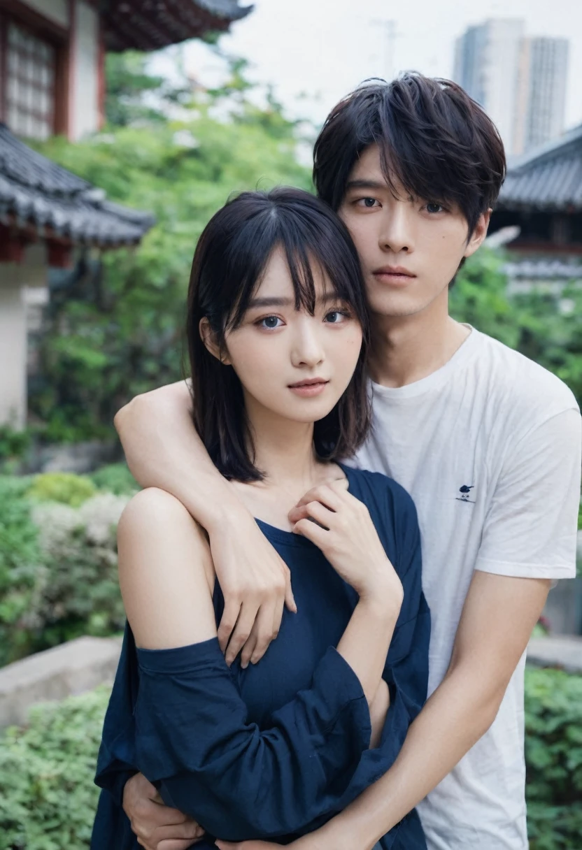 (1girll,1人,couple)there is a man and woman that are posing for a picture, a picture by Tadashi Nakayama, Tumblr, shin hanga, Ruan Jia and Fenghua Zhong, yanjun cheng, Kim Do-young, cute couple, couple pose, huang yuxing and aya takano, shaxi