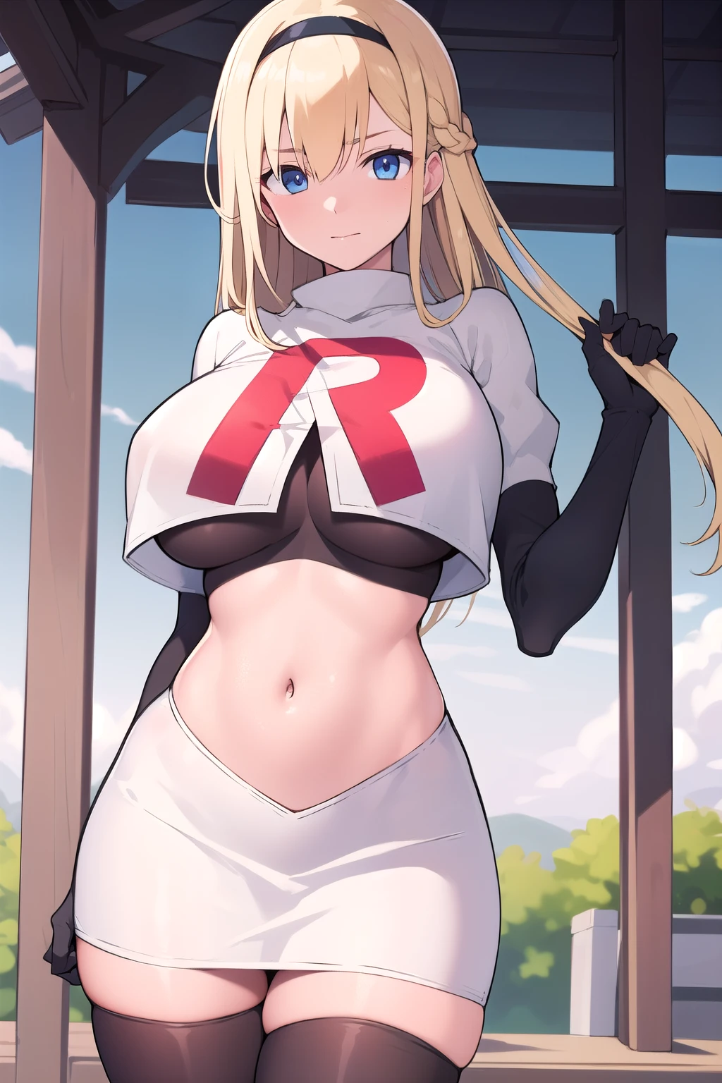 masterpiece, best quality,simple eyes,outdoors,1girl,north carolina,bangs, blonde_hair, blue_eyes,large breasts, eyebrows_visible_through_hair, hairband, long_hair, long_sleeves, looking_at_viewer, team rocket,team rocket uniform,white skirt,red letter R,crop top,black thigh-highs,black elbow gloves