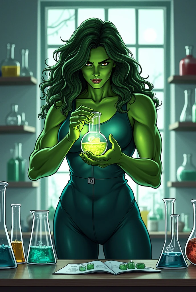 You can create an image of She-Hulk in which she does something related to chemistry and that is easy to draw.