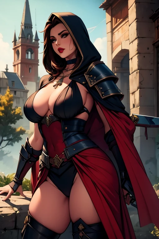 The woman, (((hood, hood, armor, armour, layer, Cloak))), Waders, ((shield,shield, sword, sword)), temple in the background, temple, Gothic, Dark, Very detailed, Realistic long-term photography, 4k, by the wide, brown hair, By the chestnut, Red lips, choker, shocks, sexy,red lips, brown eyes, big breasts, big breasts, breasts