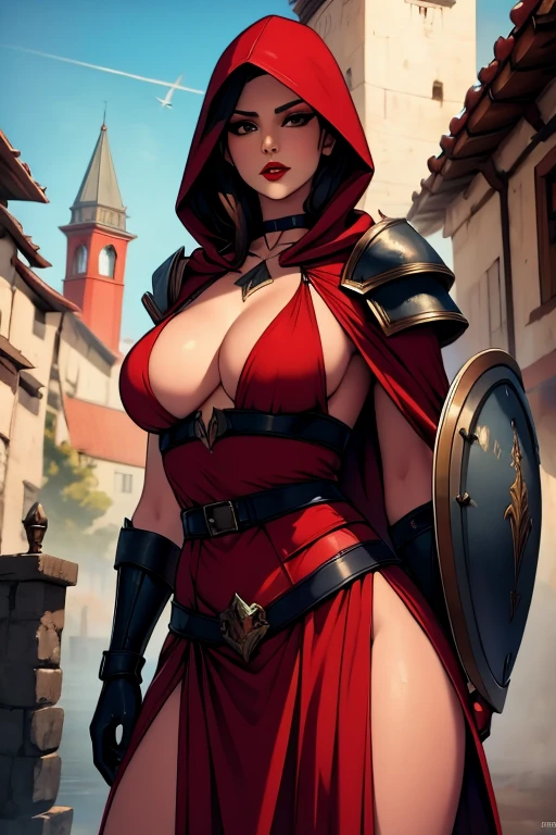 The woman, (((hood, hood, armor, armour, layer, Cloak))), Waders, ((shield,shield, sword, sword)), temple in the background, temple, Gothic, Dark, Very detailed, Realistic long-term photography, 4k, by the wide, brown hair, By the chestnut, Red lips, choker, shocks, sexy,red lips, brown eyes, big breasts, big breasts, breasts