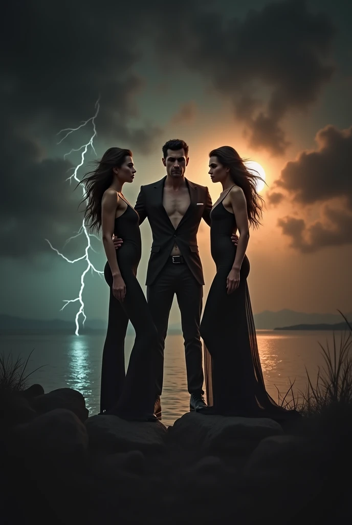 2 handsome man perfect face slim dressed in long black Dracula suit shirtless sky cloudy sunset sun hiding a water trail that matches the sun a lightning from far away next to him two beautiful woman dressed in black the man is in the middle