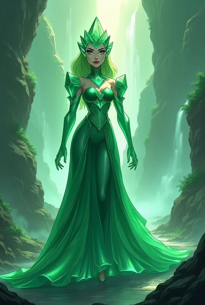 generate an emerald queen that looks sweet and kind but resembles the diamonds from Steven Universe but does not look so human that she is like a queen of pure emeralds