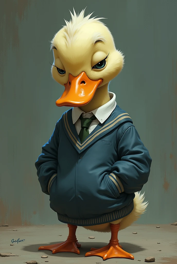 Drawing of a sad duck in a sad school uniform. The drawing has to be colored