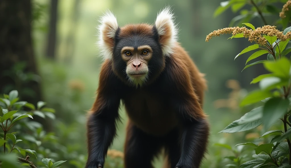 Facing the Panorama,There is a wild beast in the osmanthus forest,Looks like a brown monkey but has white ears,Standing upright like a human(best quality,4K,8k,High level,masterpiece:1.2),Ultra Detailed,(lifelike,Photo real,Photo real:1.37)
