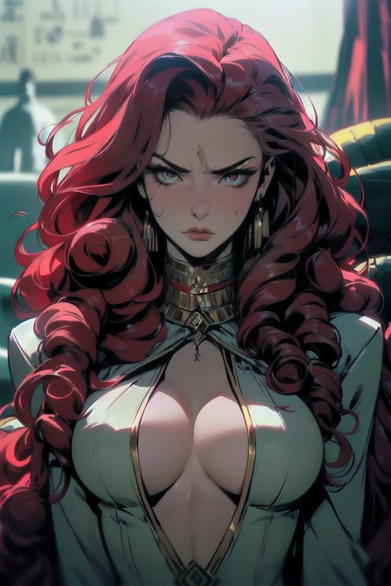 Girl, Alone, by the wide, looking at the viewer, white skin ((gold eyes, big chest:1.5, wine red hair, long curly hair, yellow eyes, white egyptian battle clothes , exercised body, Beautiful lips, seductive eyes,bright lips , annoyed, he would be