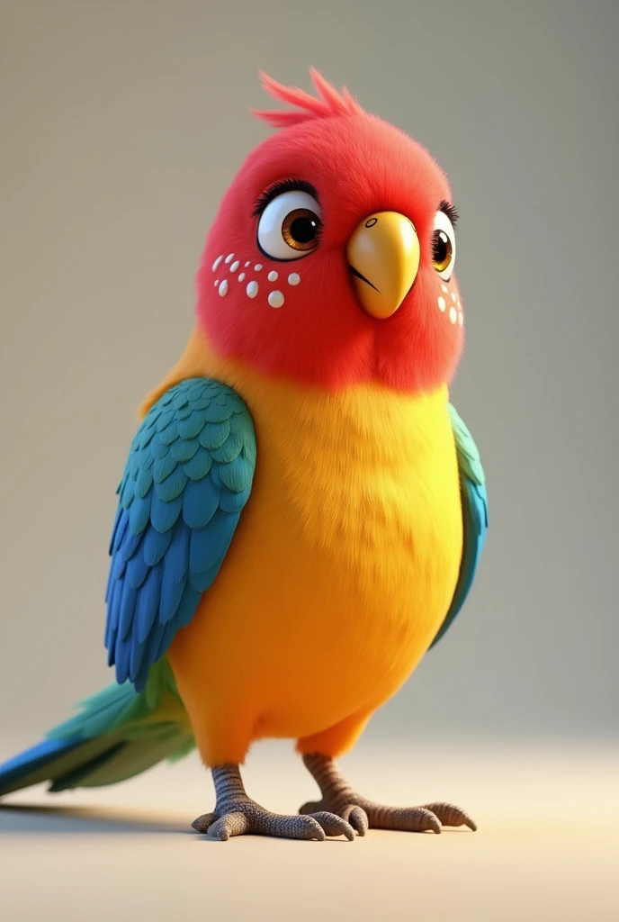 3d pixar style animation, of a bird with a red head with white spots on the cheek, yellow chest and blue wings, of the rosella species Parakeet-omnicolor platycercus eximius, with a neutral background in the image