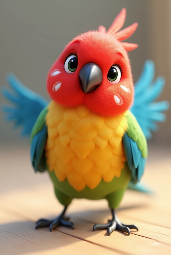 3d pixar style animation, of a bird with a red head with white spots on the cheek, yellow chest and blue wings, of the rosella species Parakeet-omnicolor platycercus eximius, with a neutral background in the image