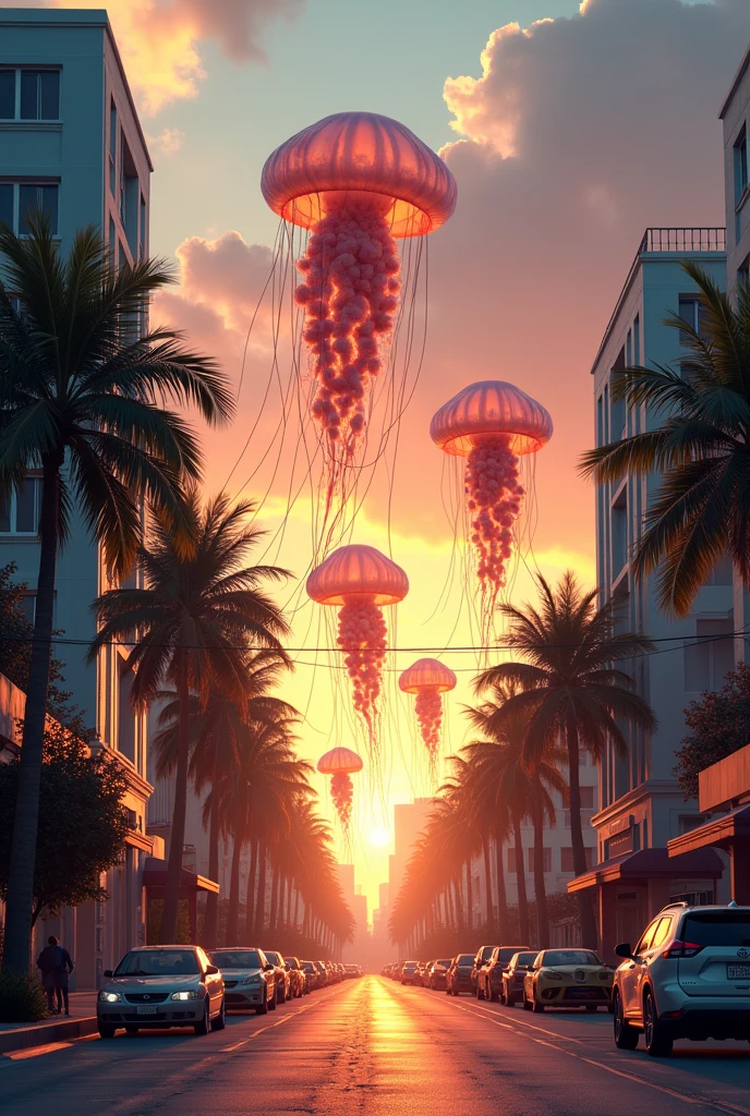 Jellyfish on a Miami street sunset