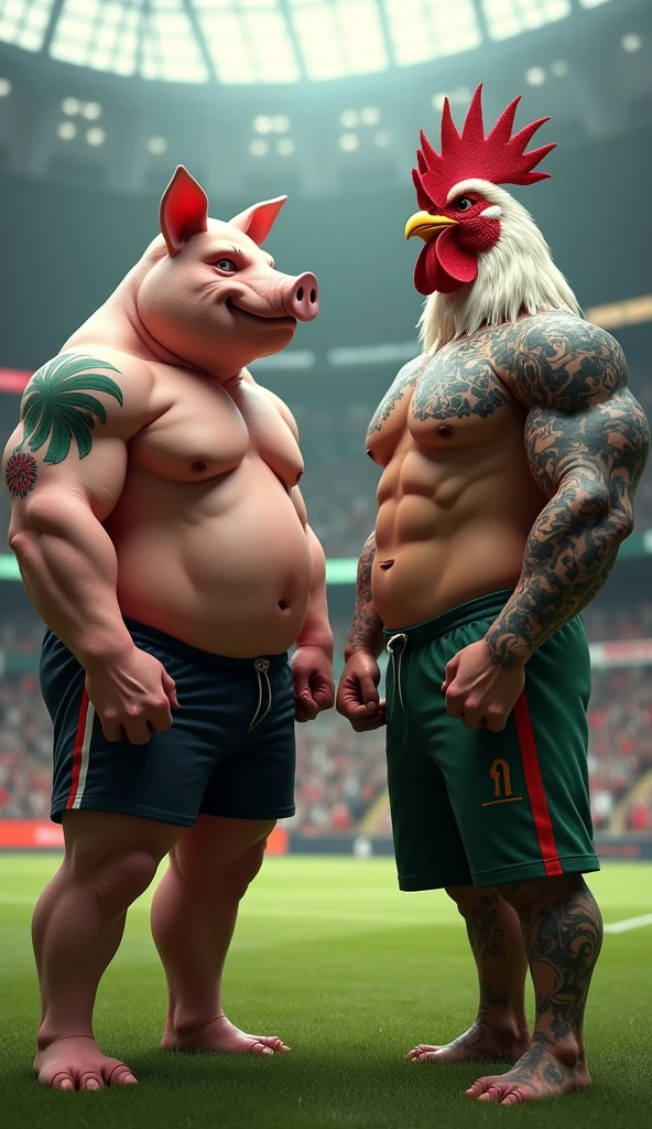 A muscular pig, chest puffed out and shirtless, green tattoo, inside a soccer stadium, next to a muscular rooster, chest puffed out and shirtless, black tattoo, crossing his arms