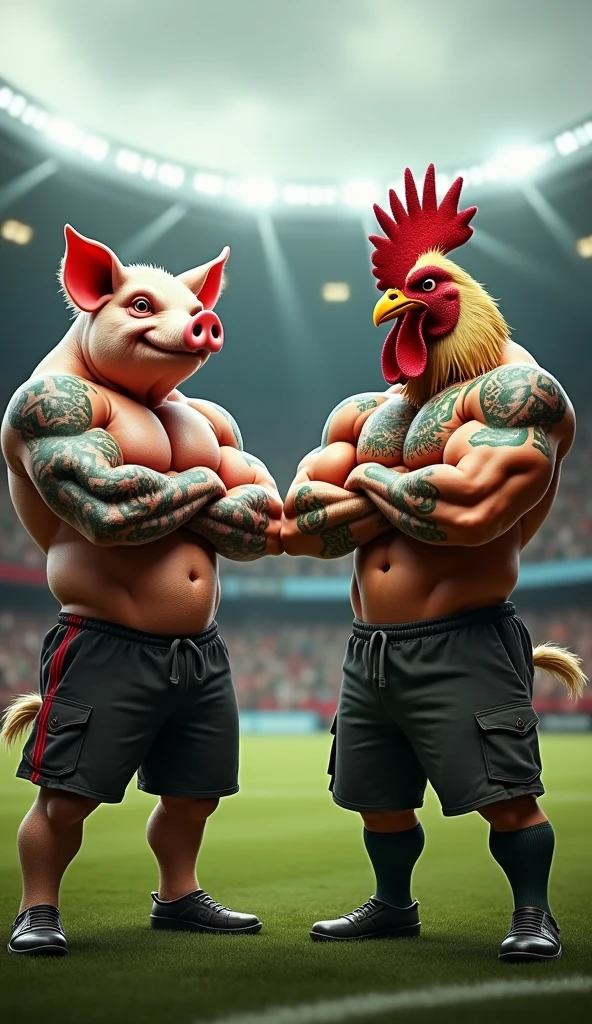 A muscular pig, chest puffed out and shirtless, green tattoo, inside a soccer stadium, next to a muscular rooster, chest puffed out and shirtless, black tattoo, crossing his arms