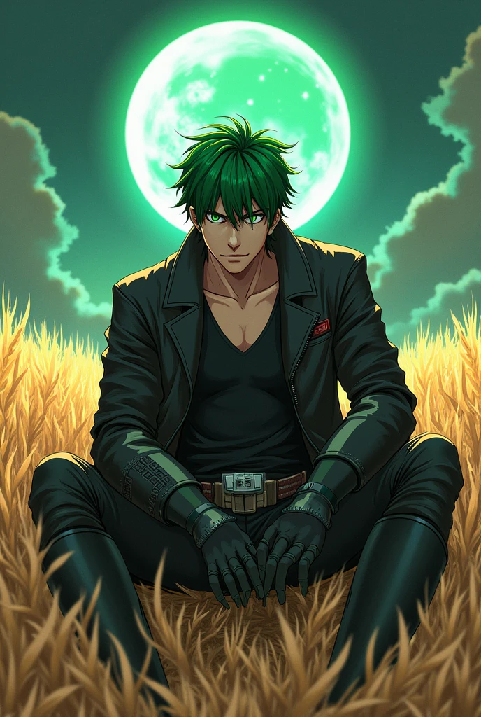 Sakuya, estilo magicpunk, incredibly absurdres, conceptual artwork, best qualityer, perfect lighting, illustration, Vanishing Point, sitting down, looking ahead at viewer, Mature male character, 1 , (no mouth:1.3), male focus, masculine, hair green, dyed bangs, glare eyes, dressing (Fantasy style groin plate and shin guards:1.1), field of wheat, finely detailed background, amazing background
