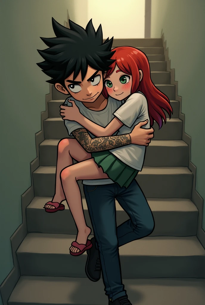 They are on the steps of the stairs and a black-haired boy with grey eyes and tattooed arms is carrying on his lap and hugging a red-haired girl with green eyes and freckles from a short distance away., He is standing, has one foot raised and wobbles, She has her head on his neck hugging him and he is smiling with his hand on her waist