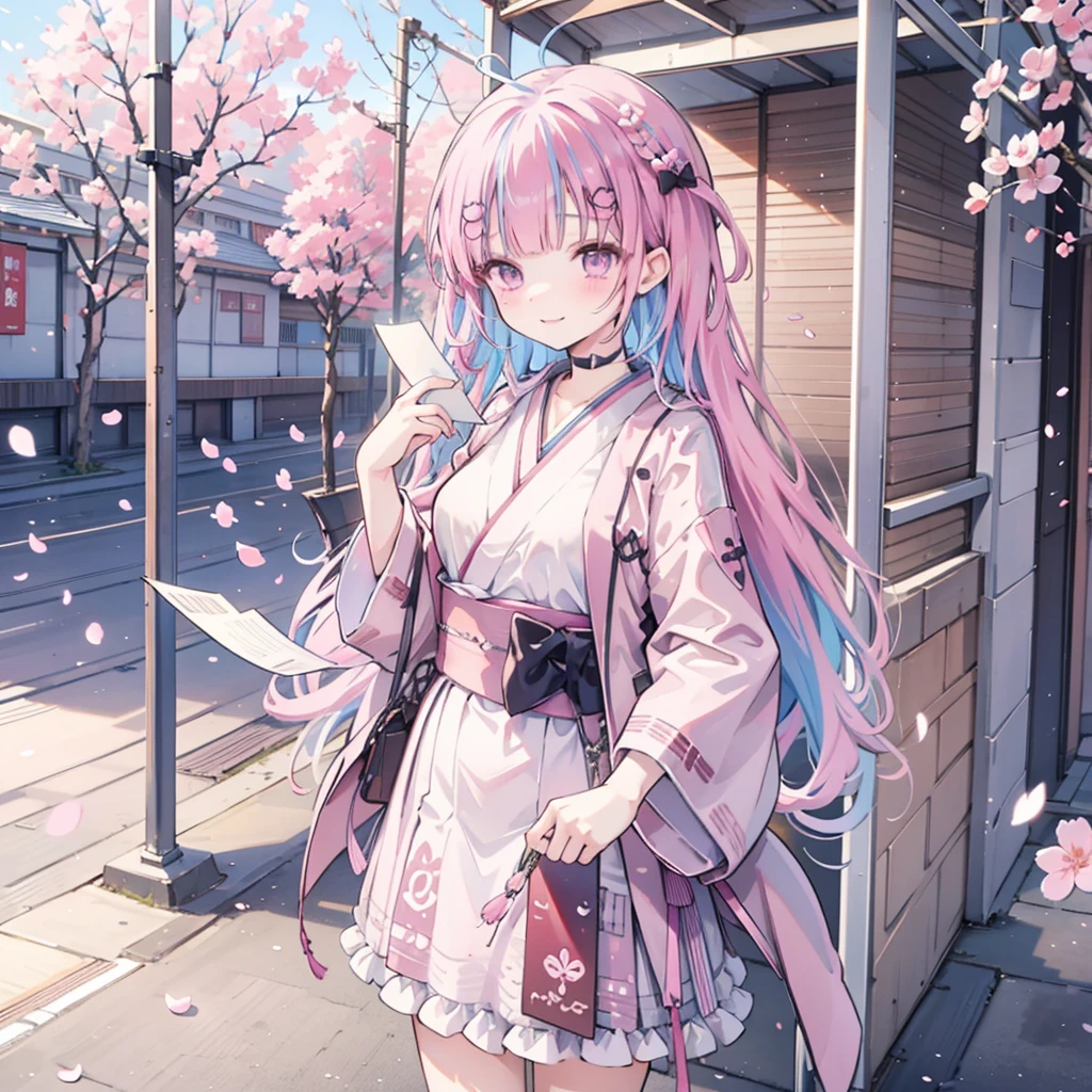 a girl,japanese school,Graduation Ceremony,Under the cherry blossom tree,Sakura petals flying,Holding certificate in hand,Tears in eyes,Smile