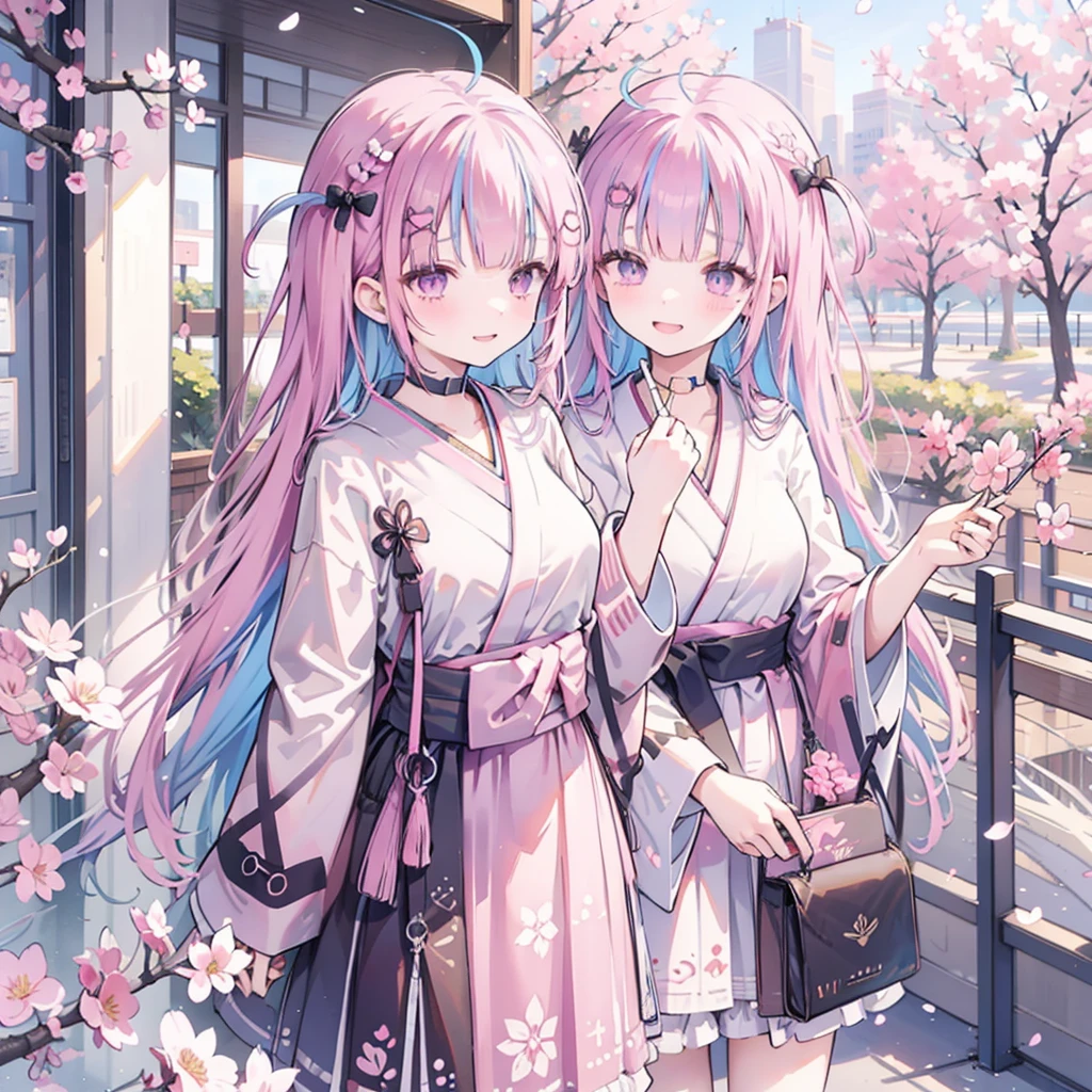 a girl,japanese school,Graduation Ceremony,Under the cherry blossom tree,Sakura petals flying,Holding certificate in hand,Tears in eyes,Smile