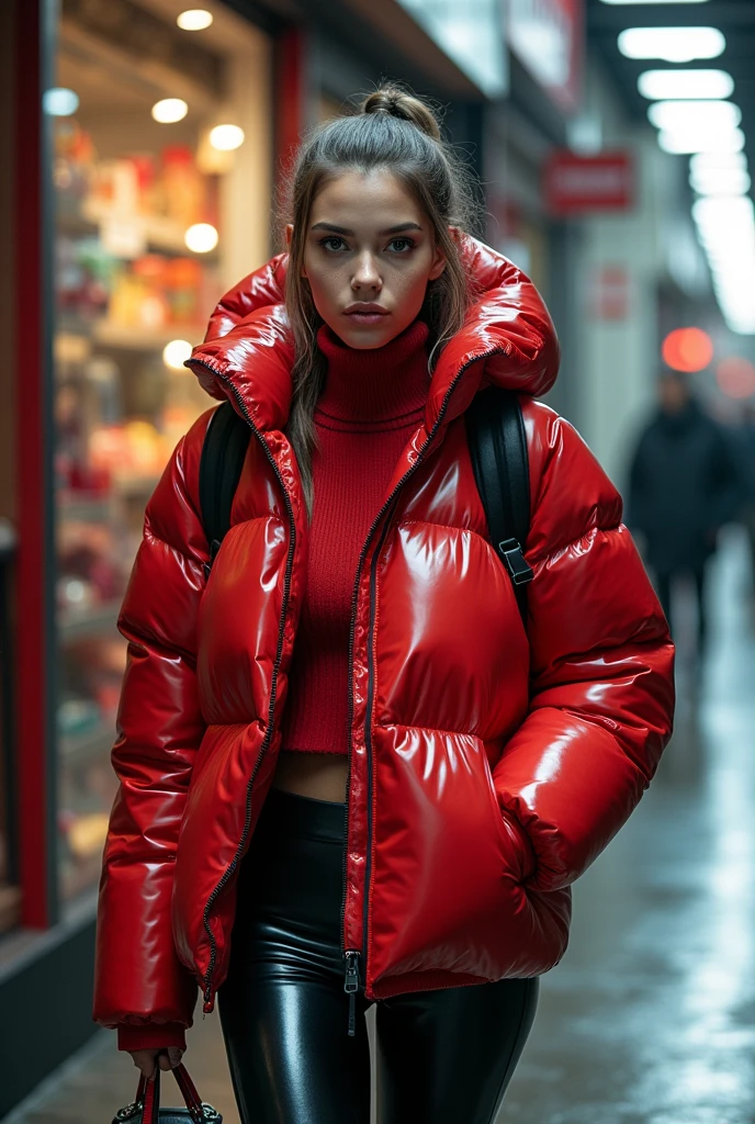 a slim ponytail girl,beautiful detailed eyes,beautiful freckles,beautiful detailed lips,extremely detailed eyes and face,longeyelashes,in beautiful detailed hooded formfitting duvetica overfilled shiny hyper gleamy hyper thick glossy unsealed puffer jacket covering her sealed hyper padded puffer vest,latex glossy stirrup legging, puffy boots,symmetrical,walking in pufferstore,masterpiece,cinematic,lifelike,hyperrealistic,8k,photorealistic,highly detailed,intricate,exquisite,elegant,beautiful,stunning