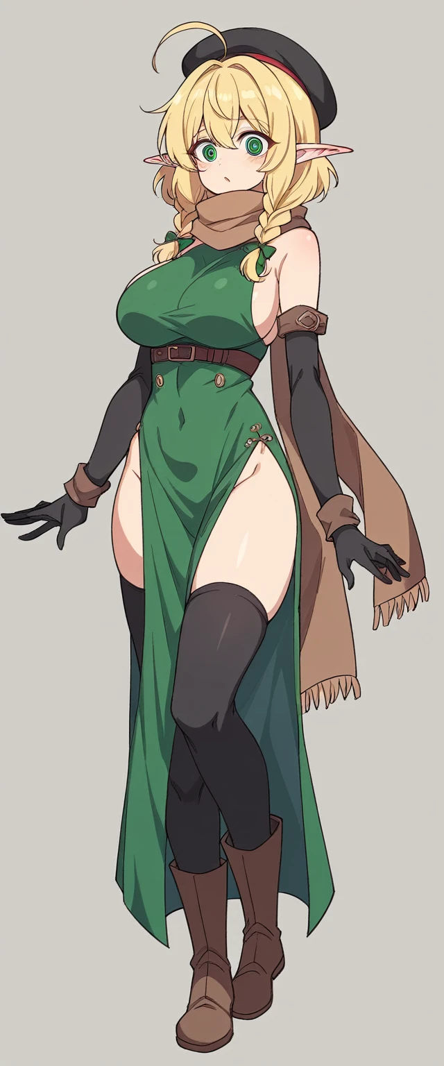 Elf、1 female、women only、short hair、twin braids、ahoge、blonde、(thin)、Big Breasts、expensive、Hollow Eyes、Black elbow gloves、((black thigh highs))、little black beret、Brown scarf、Green dress、Brown boots、(full body)、Are standing、thin太もも、shoulder、belly button、isekai、fantasy、front、Character portrait