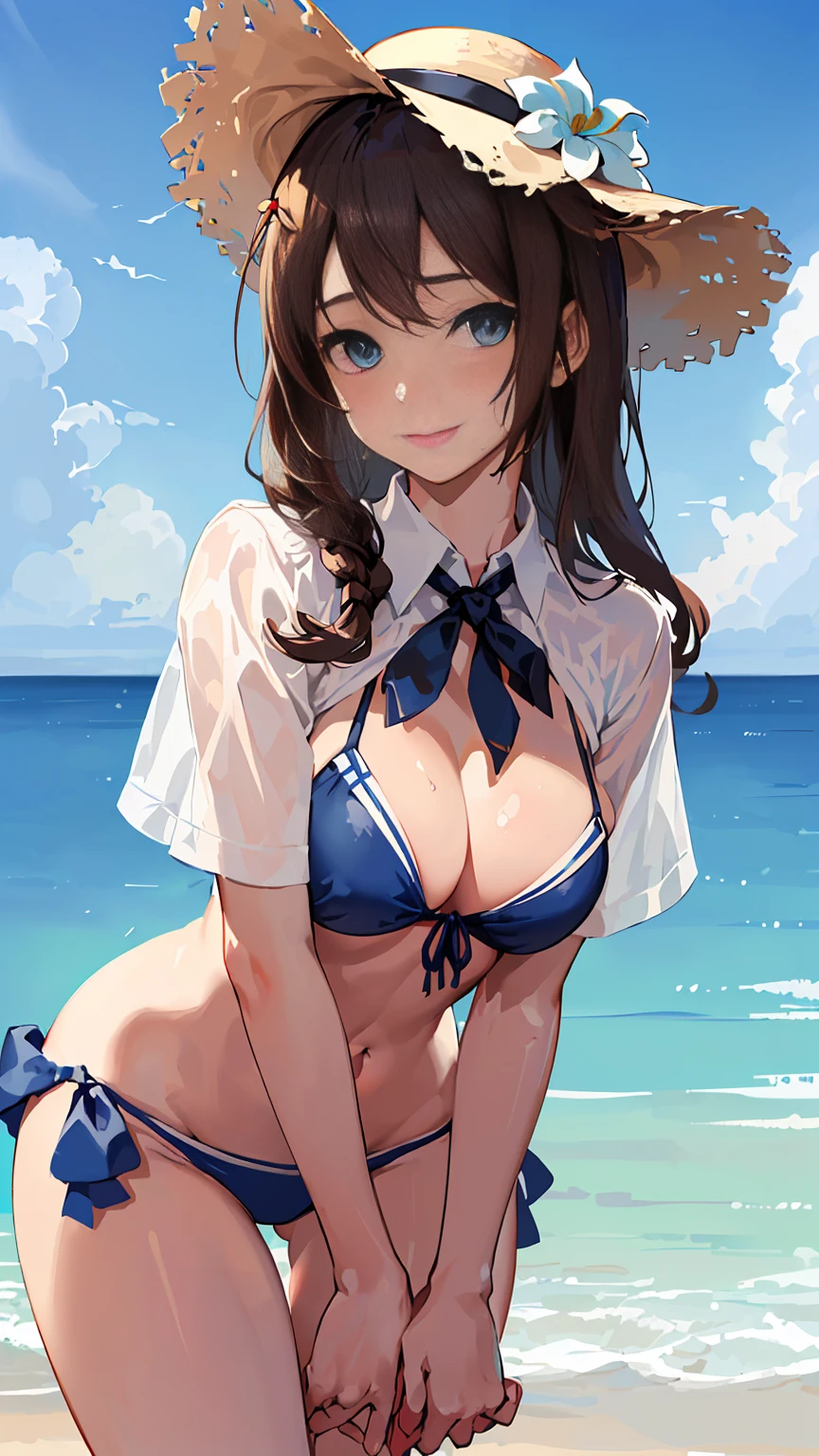 (masterpiece), (Highest quality), (Very detailed), Realistic, (Best illustrations), (Very delicate and beautiful), One girl, alone, Detailed landscape, Sparkling Beach, blue sky, White cloud, kcshigurek3su, Cowboy Shot, Leaning forward, Detailed iris, Detailed eyes, Side tie bikini bottom, hair ornaments, Hair flap, Single Blade, Brown Hair, Straw hat, Hat Flower, Front tie bikini top, Black tie, Collared shirt, See through, Blue ribbon, A light smile, Short sleeve,
Very beautiful eyes、Very beautiful face、Very detailedボディ、Very fine skin, very elaborate hair ornaments, A precisely sculpted body and hands, a wet transparent shirt