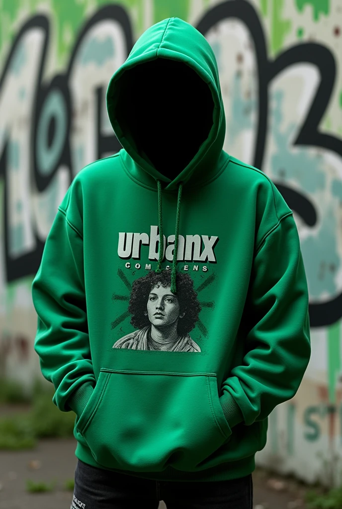 A high-quality, realistic image of an oversized green 'UrbanX' sweatshirt with a black hood, featuring a unique urban-inspired graphic print. The sweatshirt should be the sole focus of the image, with no people or additional clothing visible. The graphic print should be a more urban and original illustration, elegant "UrbanX" logo displayed prominently on the front. The background should feature a graffiti covered wall with green and black paint splatters, enhancing the urban atmosphere. The overall aesthetic should be modern, bold and elegant, highlighting the brand's distinctive urban appeal."