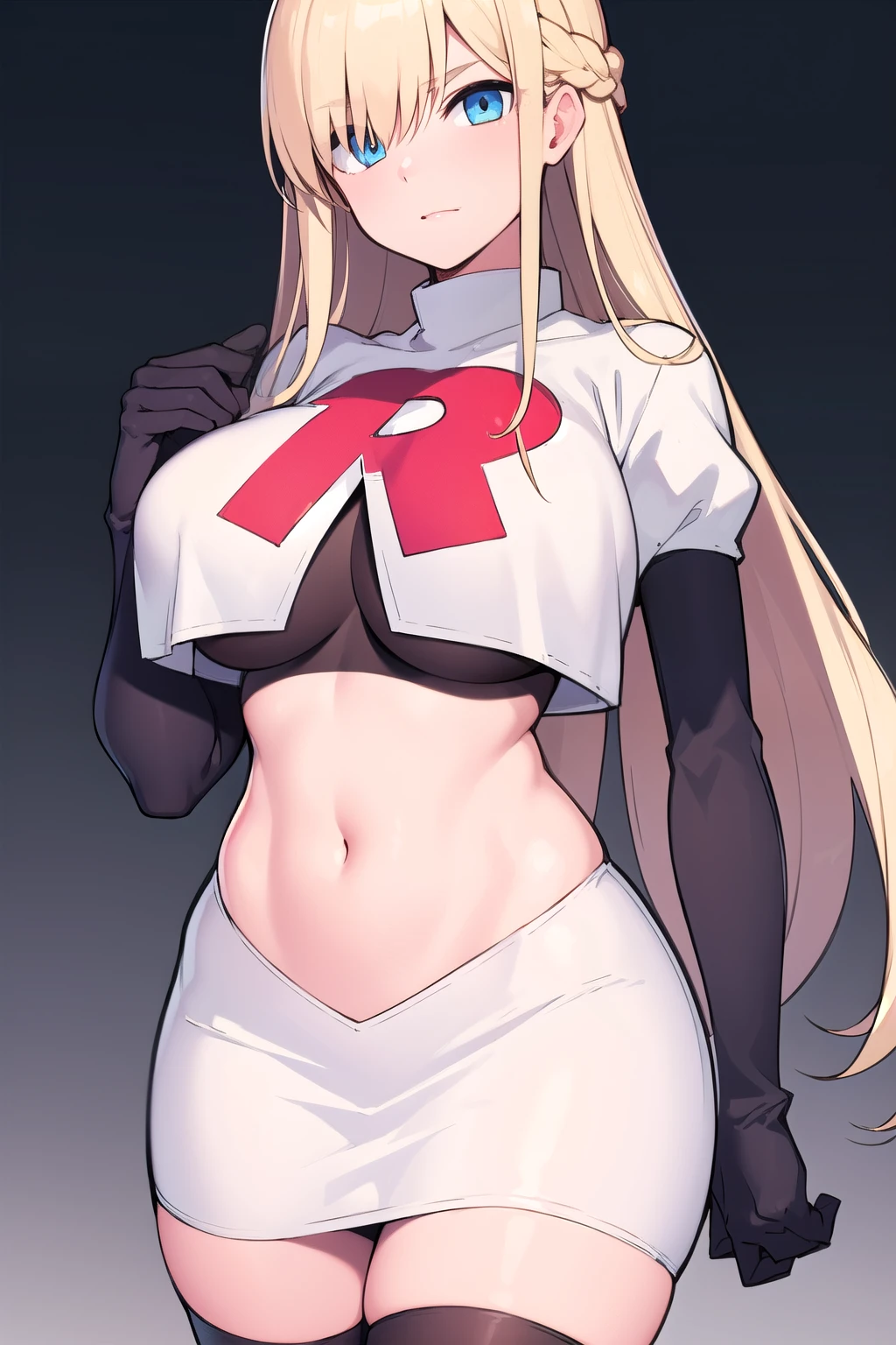 masterpiece, best quality,simple eyes,outdoors,1girl,north carolina,bangs, blonde_hair, blue_eyes,large breasts, eyebrows_visible_through_hair, hairband, long_hair, long_sleeves, looking_at_viewer, team rocket,team rocket uniform,white skirt,red letter R,crop top,black thigh-highs,black elbow gloves